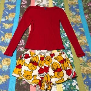 red shirt and Winnie the Pooh fuzzy shorts pajama set